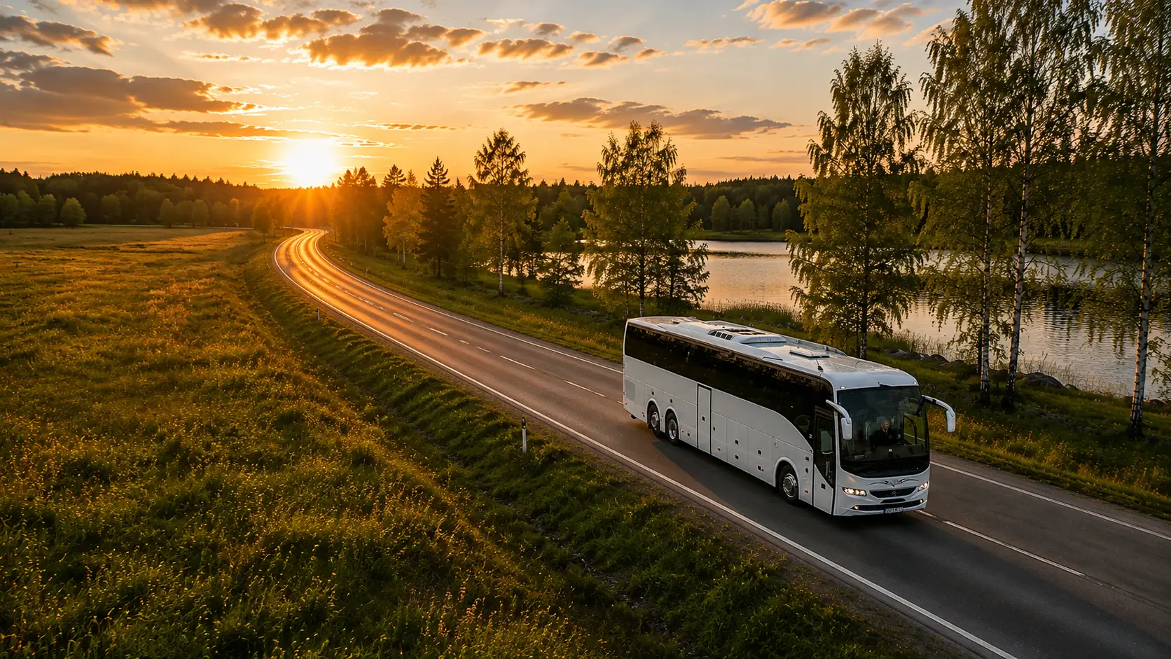 Bergslagsbuss turistbuss på landsväg i solnedgång